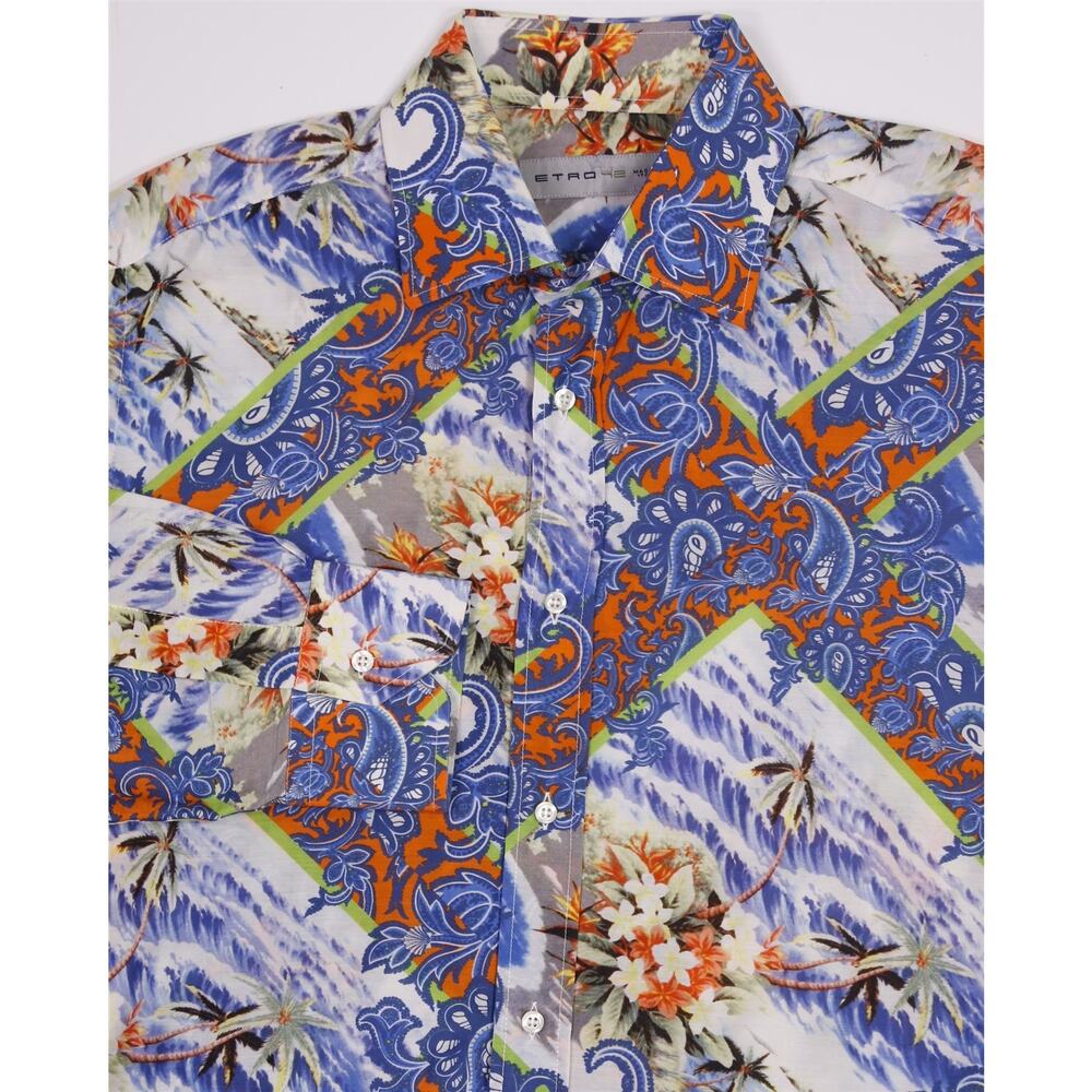Etro Mens Silk Blue Orange Floral Paisley Bandana Long Sleeve Button-Up Shirt 42